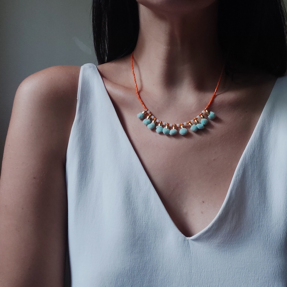Minimal beaded necklace with pom pons  |turquoise, orange, gold ethnic n…